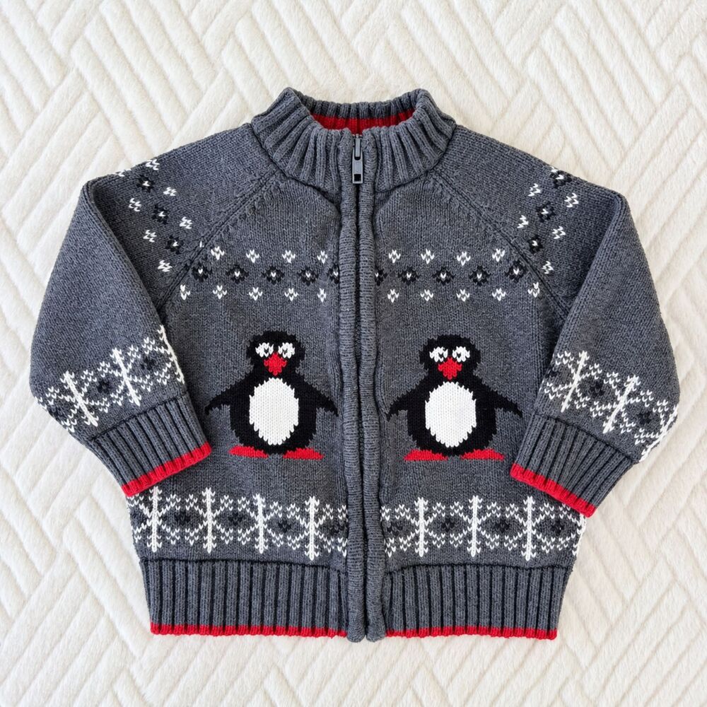 Greendog Baby 18M Penguin Fair Isle Zip Cardigan Gray Cotton Sweater Winter